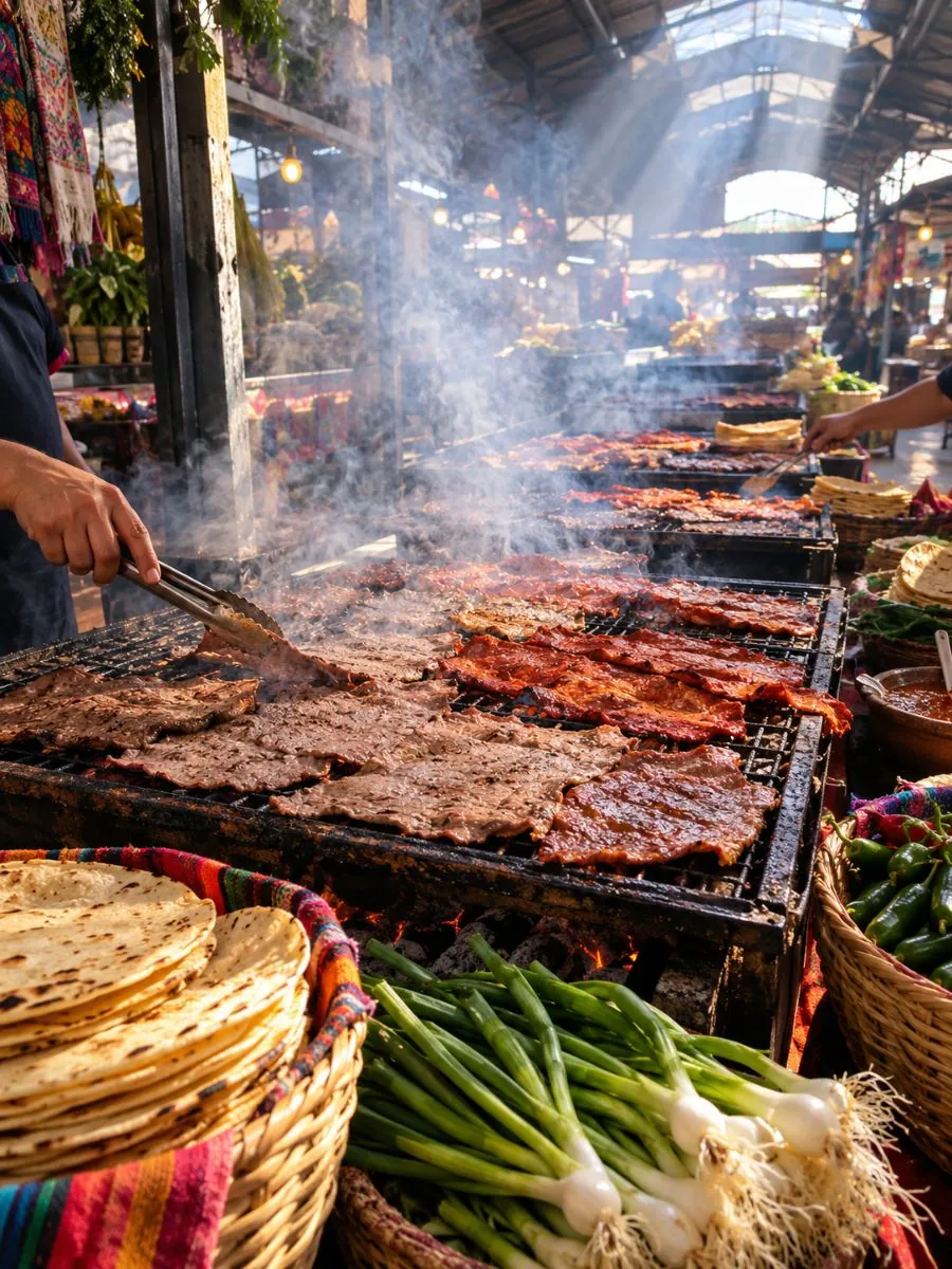The grilled-meat aisle of a Oaxaca market: charcoal grills with thin beef and red chile pork, smoke rising through light from the roof